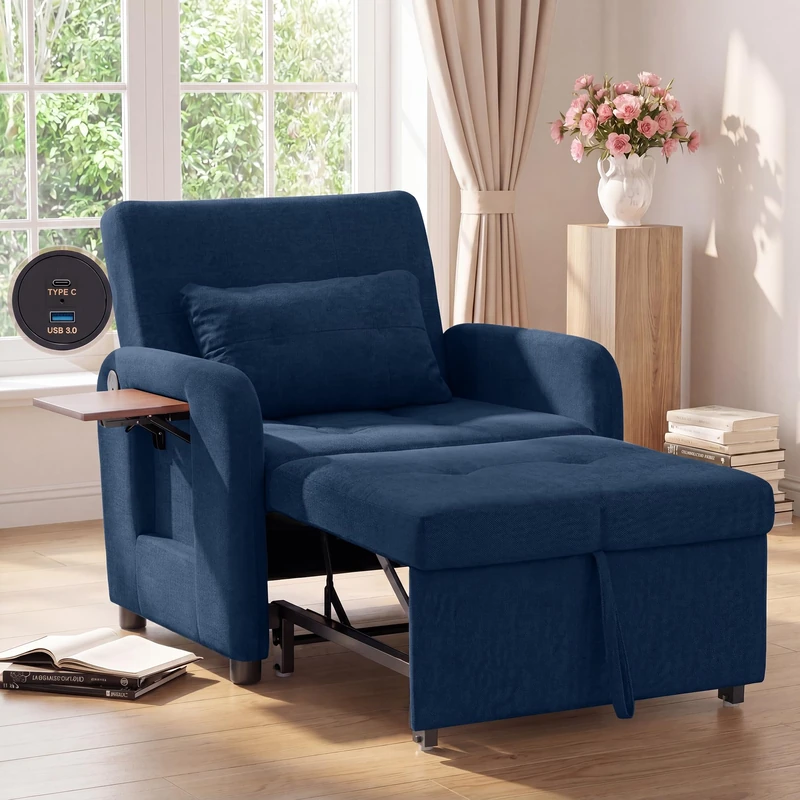 COLAMY Compact Recliner Armchair with USB Port & Side Table, Space Saving Sleeper Chair with Pull-Out Footrest, Adjustable Lounge Sofa Bed Chair for Small Living Room Bedroom Flat,Dark Blue