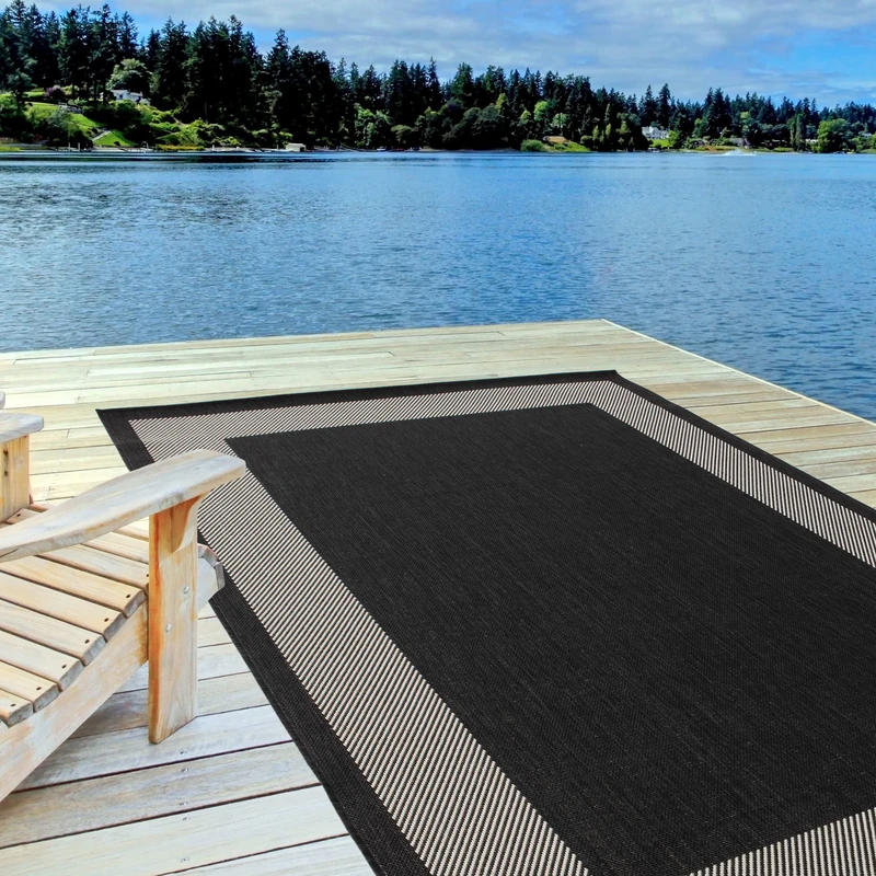 THE RUGS Outdoor Rug – Weather & UV Resistant Outdoor/Indoor Area Rugs - Durable Rugs for Patio, Deck, Garden, Kitchen, Bathroom or Living Room - Bordered, Black, 240 x 340 cm