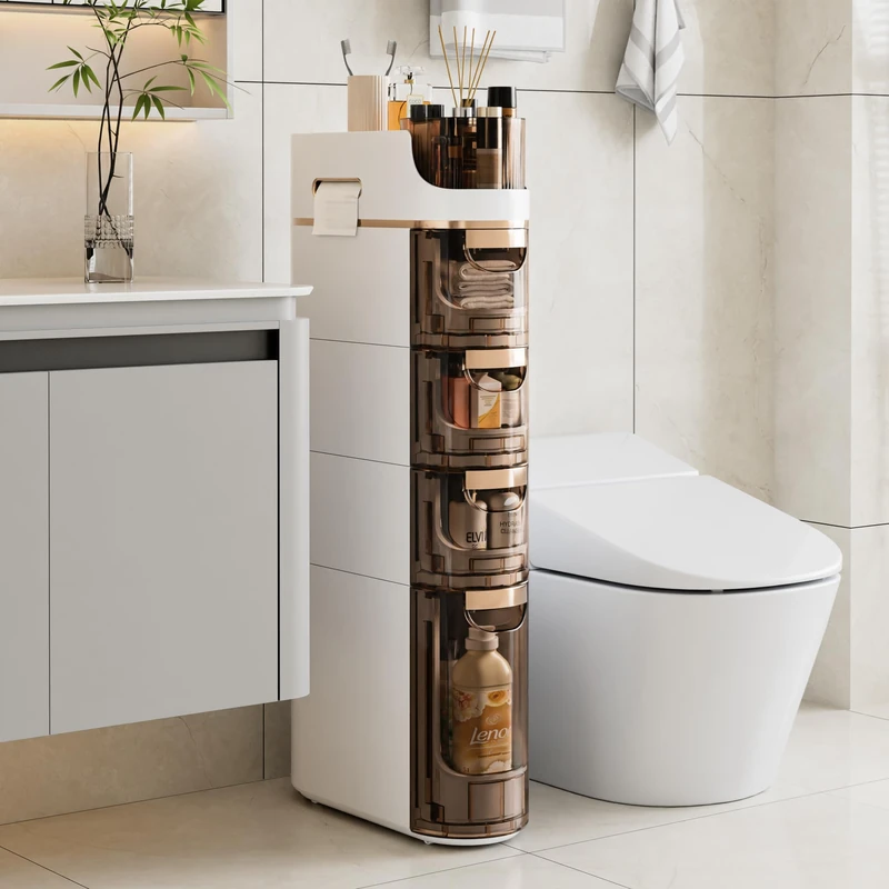 VECELO Slim Bathroom Storage Cabinet with Wheels, Narrow Floor Cabinet with 4 Drawers, Toilet Paper Holder, Waterproof Space-Saving Movable Plastic Gap Organiser, White - Image 1