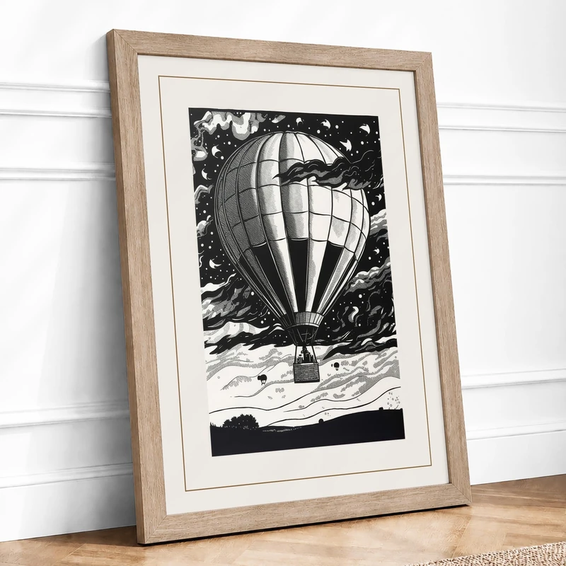 Balloon Among the Trees Vintage Framed Wall Art Print A1 (84.1×59.4cm) Oak, Wall Decor for Living Room, Bedroom, Office & Home, Ready to Hang, Art Gift