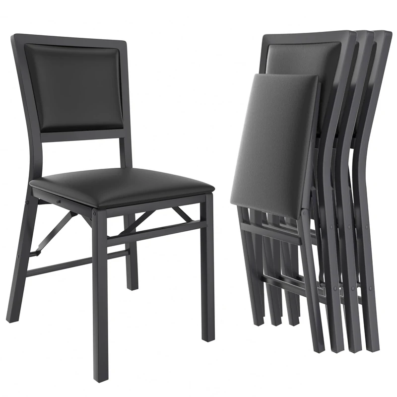 VECELO Upholstered Folding Dining Chair Set of 4 with Padded Seat, Heavy Duty Metal Frame for Kitchen, Living Room, No Assembly, Space-Saving, Black - Image 1