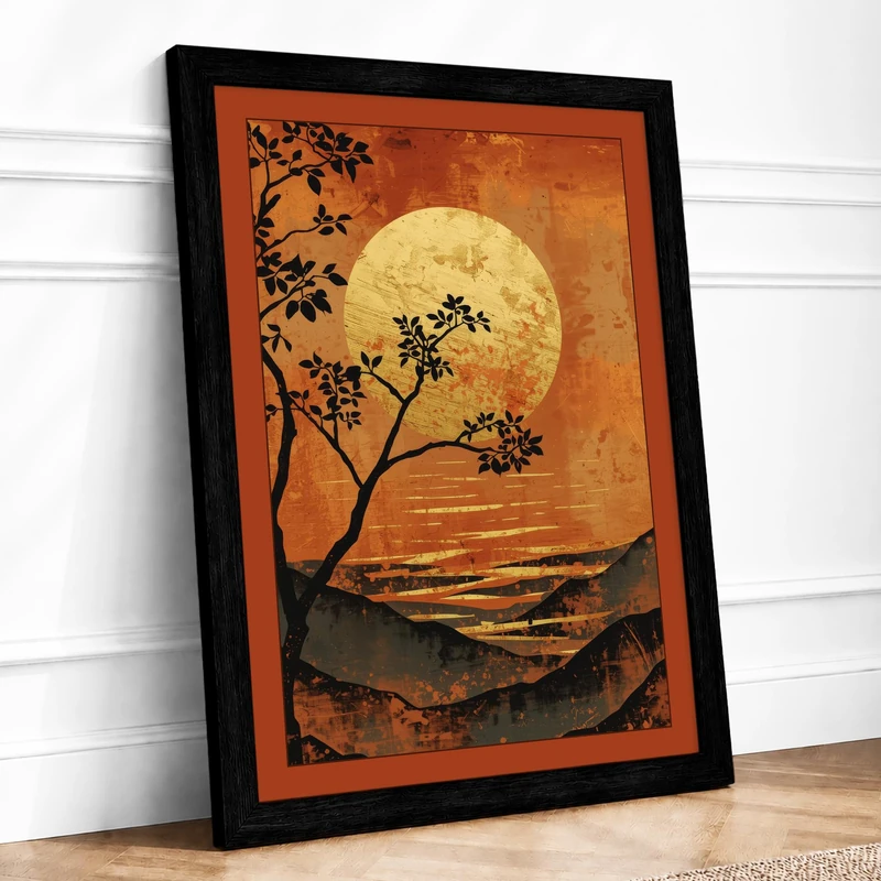 Moonlit Reflection Tree Minimalist Framed Wall Art Print A1 (84.1×59.4cm) Black, Wall Decor for Living Room, Bedroom, Office & Home, Ready to Hang, Art Gift