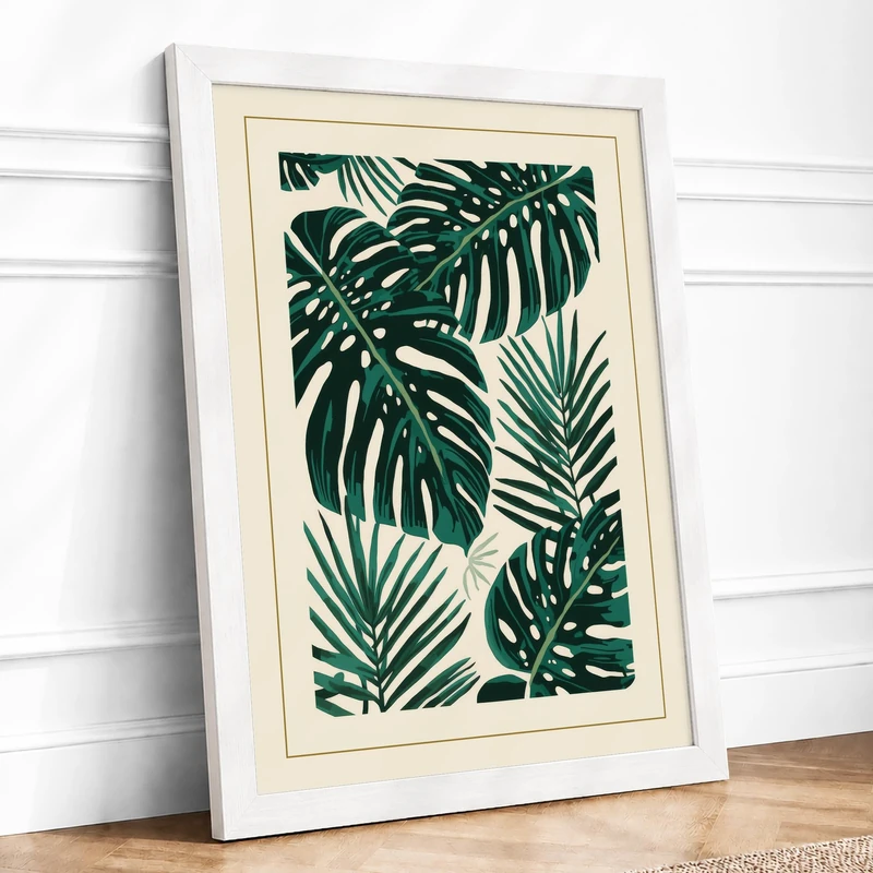 Tropical Leaf Forms Botanical Framed Wall Art Print A1 (84.1×59.4cm) White, Wall Decor for Living Room, Bedroom, Office & Home, Ready to Hang, Art Gift