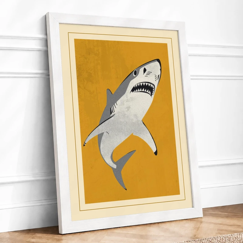 Great White Below Mid-Century Framed Wall Art Print A1 (84.1×59.4cm) White, Wall Decor for Living Room, Bedroom, Office & Home, Ready to Hang, Art Gift