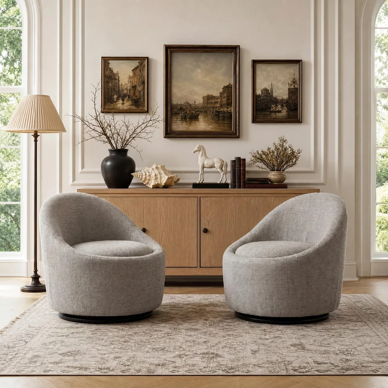 Barrel Swivel Accent Chair with Hidden Storage, 360° Rotating Lounge Chair, Upholstered Breathable Fabric, High Density Foam Seat, Modern Round Armchair for Living Room Bedroom,Light Grey - Image 1
