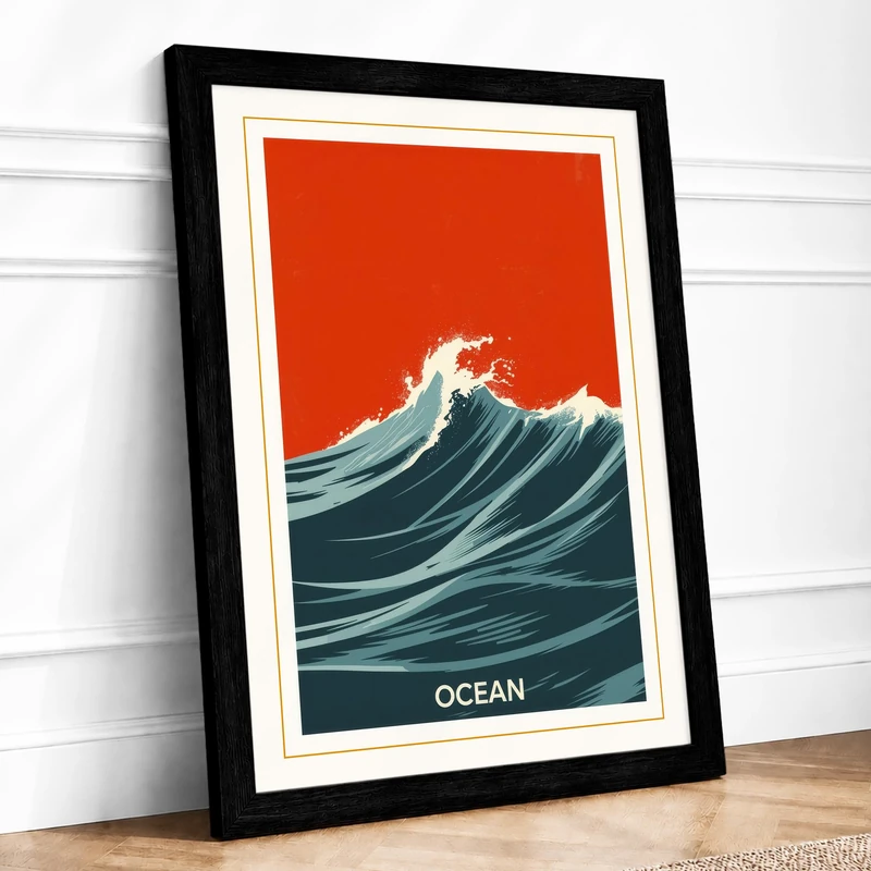 Ocean Wave Vintage Framed Wall Art Print A1 (84.1×59.4cm) Black, Wall Decor for Living Room, Bedroom, Office & Home, Ready to Hang, Art Gift