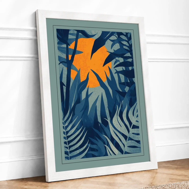 Orange Bloom in Blue Botanical Framed Wall Art Print A1 White