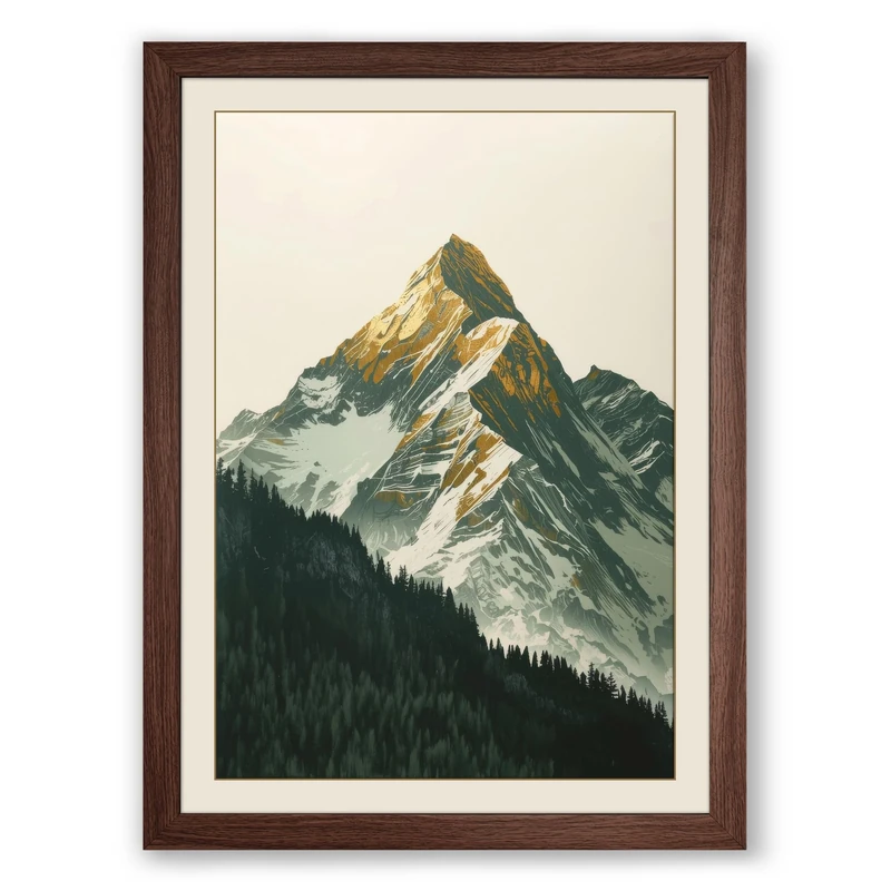 Mountain at Golden Hour Scandinavian Framed Wall Art Print A1 (84.1×59.4cm) Walnut, Wall Decor for Living Room, Bedroom, Office & Home, Ready to Hang, Art Gift