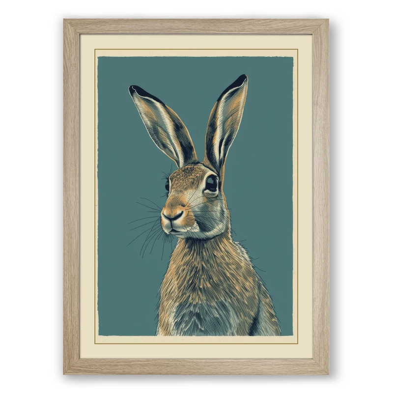 Hare Portrait Vintage Framed Wall Art Print A1 (84.1×59.4cm) Oak, Wall Decor for Living Room, Bedroom, Office & Home, Ready to Hang, Art Gift
