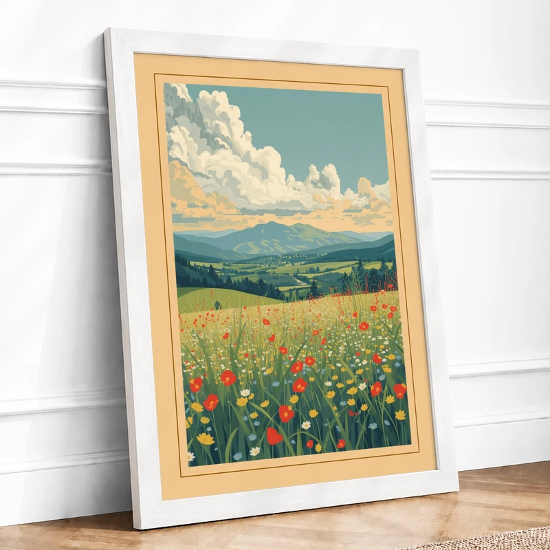 Wildflower Meadow Vintage Framed Wall Art Print A1 (84.1×59.4cm) White, Wall Decor for Living Room, Bedroom, Office & Home, Ready to Hang, Art Gift