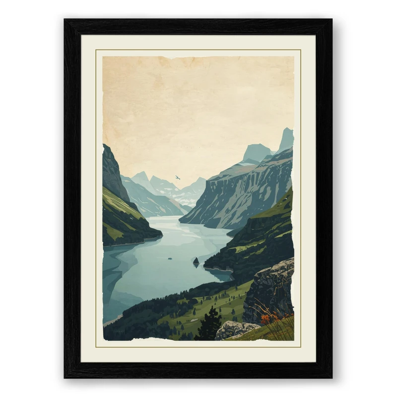 Glacial Lake in Mountains Vintage Framed Wall Art Print A1 (84.1×59.4cm) Black, Wall Decor for Living Room, Bedroom, Office & Home, Ready to Hang, Art Gift
