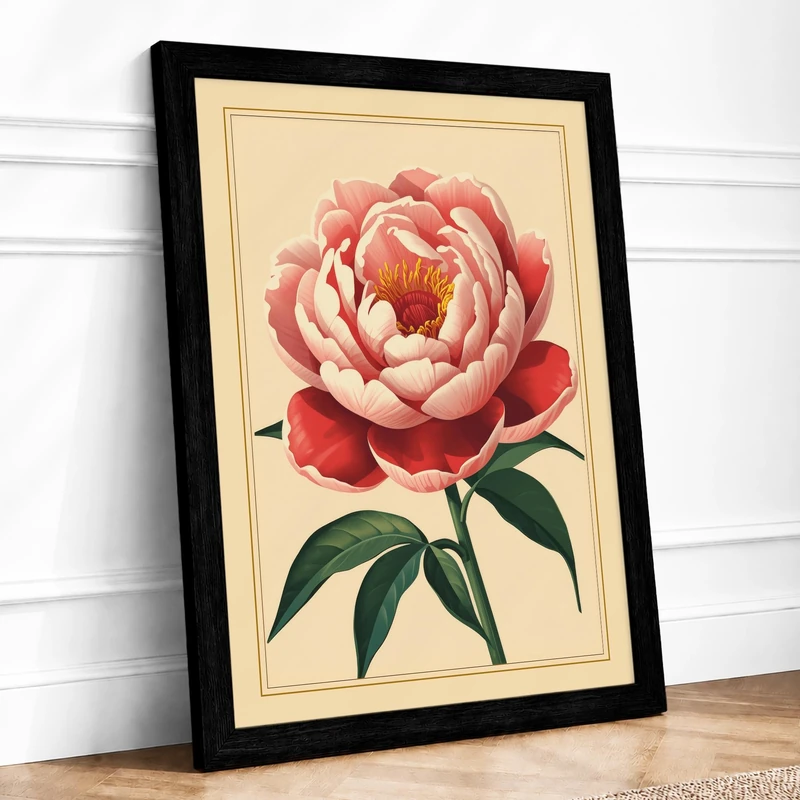 Blooming Peony Botanical Framed Wall Art Print A1 (84.1×59.4cm) Black, Wall Decor for Living Room, Bedroom, Office & Home, Ready to Hang, Art Gift