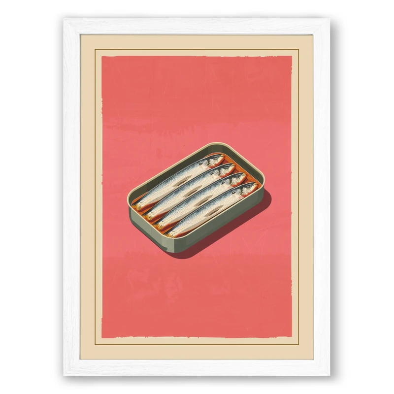 Sardine Tin Study Vintage Framed Wall Art Print A1 (84.1×59.4cm) White, Wall Decor for Living Room, Bedroom, Office & Home, Ready to Hang, Art Gift