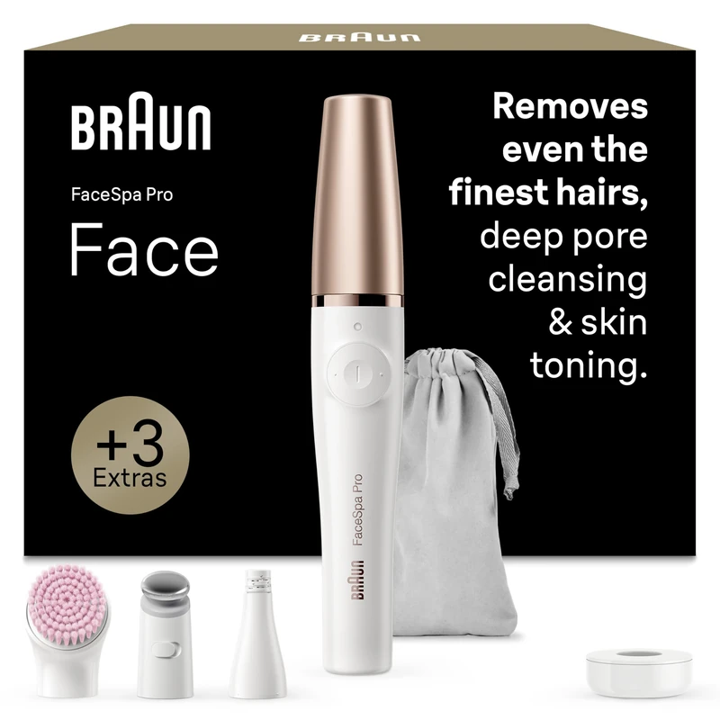 Braun FaceSpa Pro, Facial Epilator, Cleansing & Skin Toning System, + 3 Extras, 912, White/Bronze