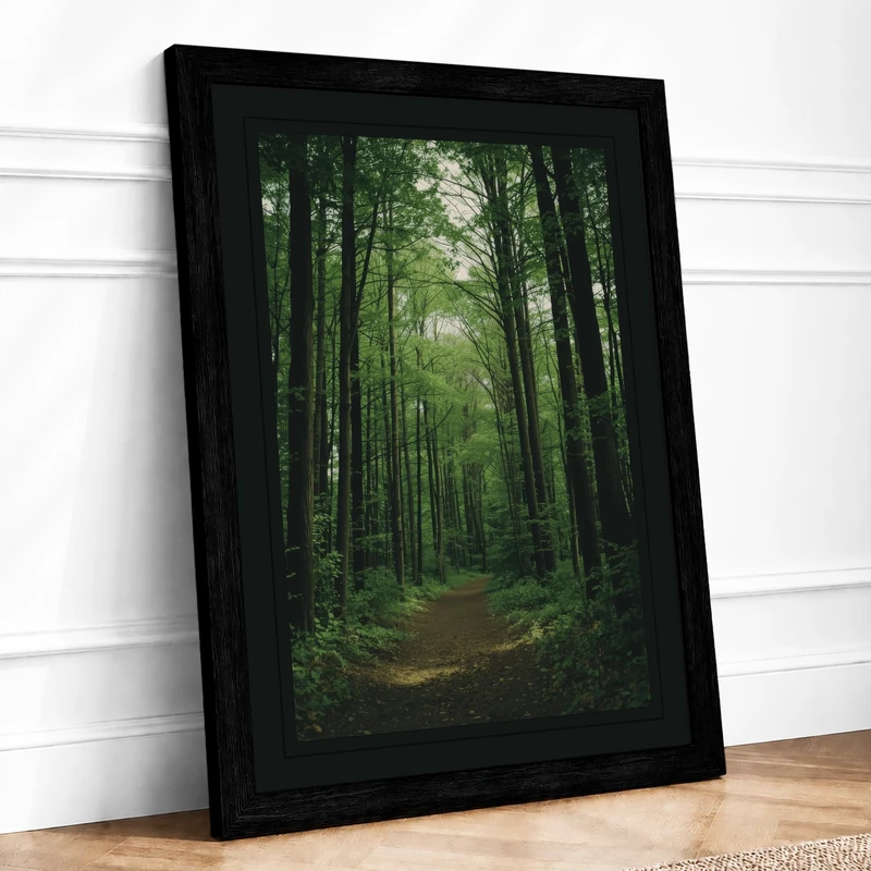 Path Through Cathedral Forest Scandinavian Framed Wall Art Print A1 Black