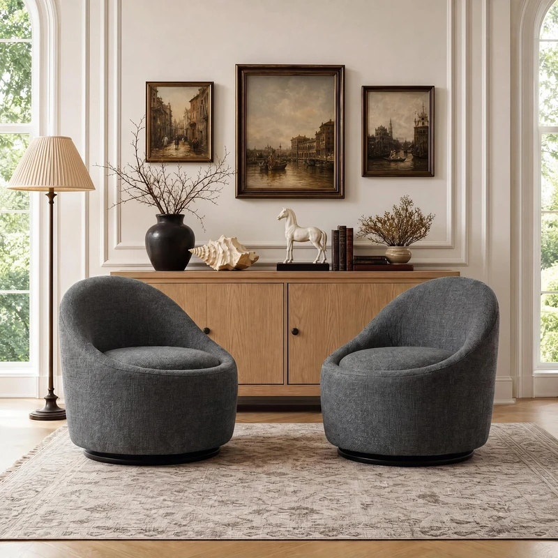 Barrel Swivel Accent Chair with Hidden Storage, 360° Rotating Lounge Chair, Upholstered Breathable Fabric, High Density Foam Seat, Modern Round Armchair for Living Room Bedroom,Dark Grey