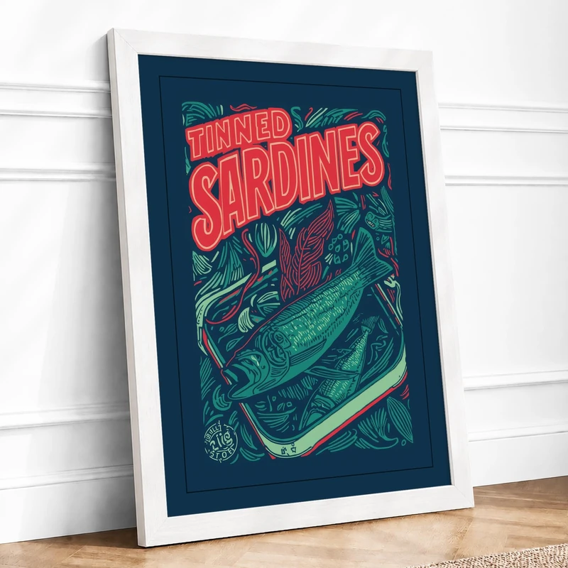 Tinned Sardines Vintage Framed Wall Art Print A1 (84.1×59.4cm) White, Wall Decor for Living Room, Bedroom, Office & Home, Ready to Hang, Art Gift - Image 1