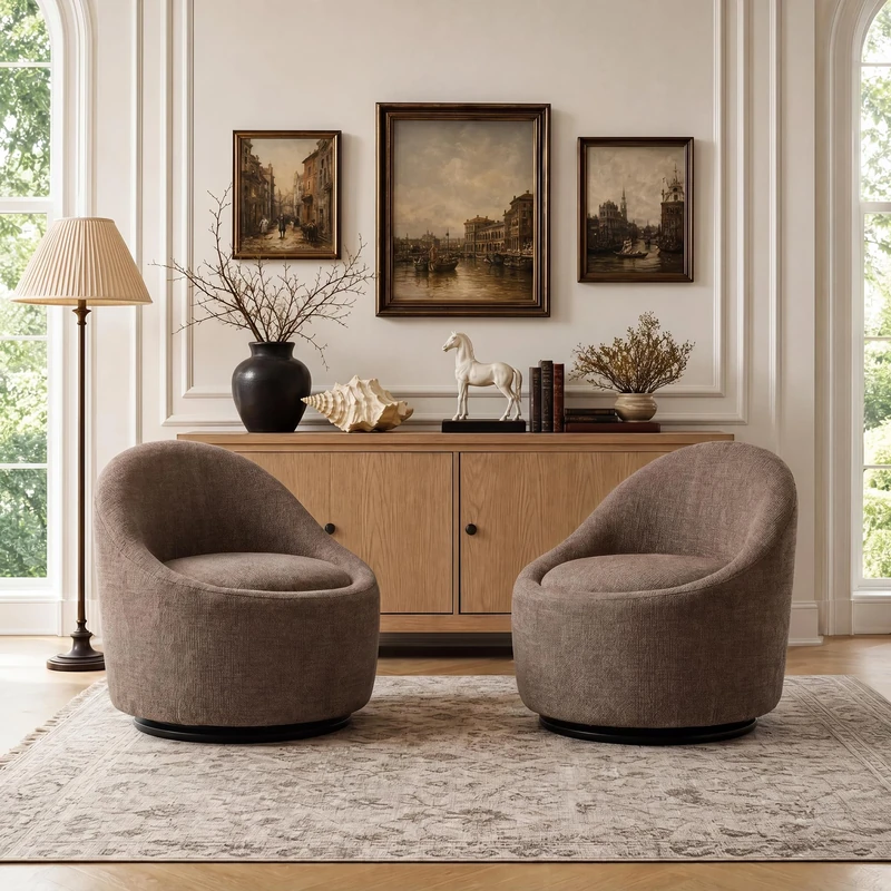 Barrel Swivel Accent Chair with Hidden Storage, 360° Rotating Lounge Chair, Upholstered Breathable Fabric, High Density Foam Seat, Modern Round Armchair for Living Room Bedroom,Brown
