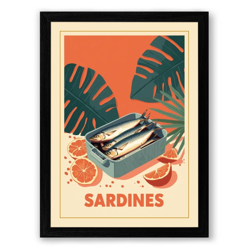 Vintage Sardines Poster Retro Framed Wall Art Print A1 (84.1×59.4cm) Black, Wall Decor for Living Room, Bedroom, Office & Home, Ready to Hang, Art Gift