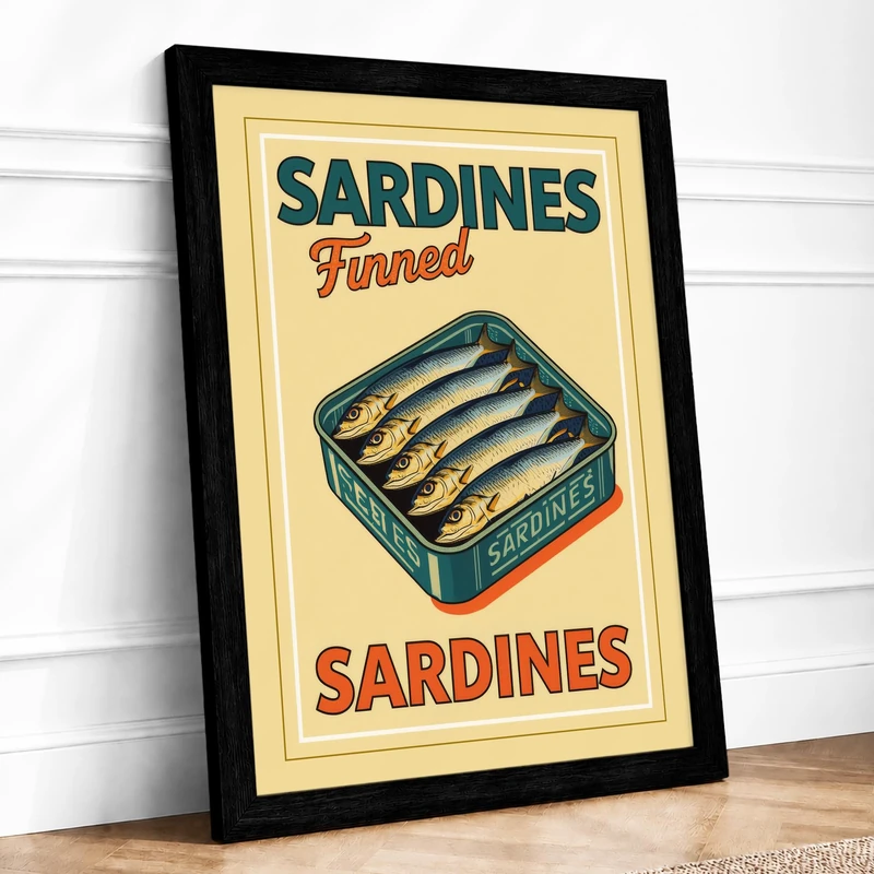 Sardine Label Vintage Framed Wall Art Print A1 (84.1×59.4cm) Black, Wall Decor for Living Room, Bedroom, Office & Home, Ready to Hang, Art Gift