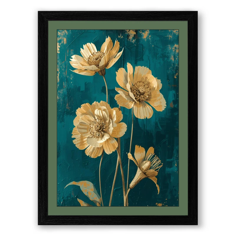 Golden Ranunculus Botanical Framed Wall Art Print A1 (84.1×59.4cm) Black, Wall Decor for Living Room, Bedroom, Office & Home, Ready to Hang, Art Gift