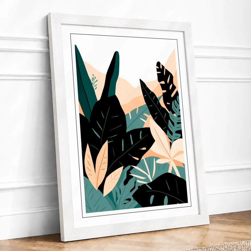 Tropical Leaves Layered Botanical Framed Wall Art Print A1 (84.1×59.4cm) White, Wall Decor for Living Room, Bedroom, Office & Home, Ready to Hang, Art Gift - Image 1