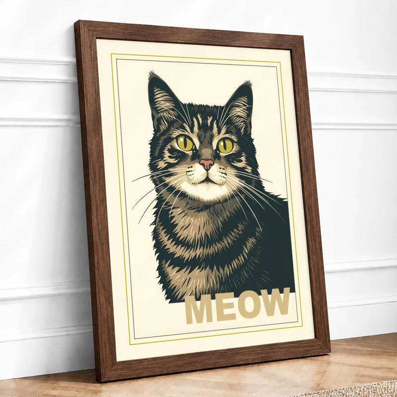 Tabby Portrait Modern Framed Wall Art Print A1 (84.1×59.4cm) Walnut, Wall Decor for Living Room, Bedroom, Office & Home, Ready to Hang, Art Gift - Image 1