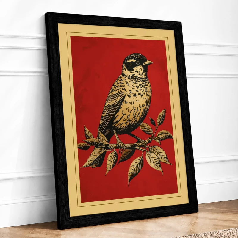Perched Bird in Foliage Botanical Framed Wall Art Print A1 (84.1×59.4cm) Black, Wall Decor for Living Room, Bedroom, Office & Home, Ready to Hang, Art Gift - Image 1