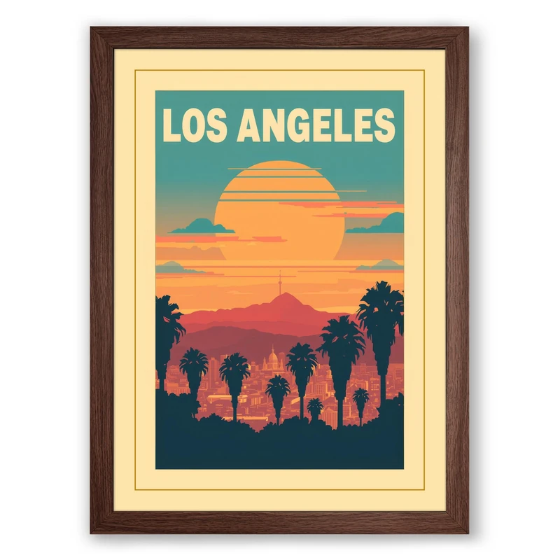 Postcard from Los Angeles Vintage Framed Wall Art Print A1 (84.1×59.4cm) Walnut, Wall Decor for Living Room, Bedroom, Office & Home, Ready to Hang, Art Gift