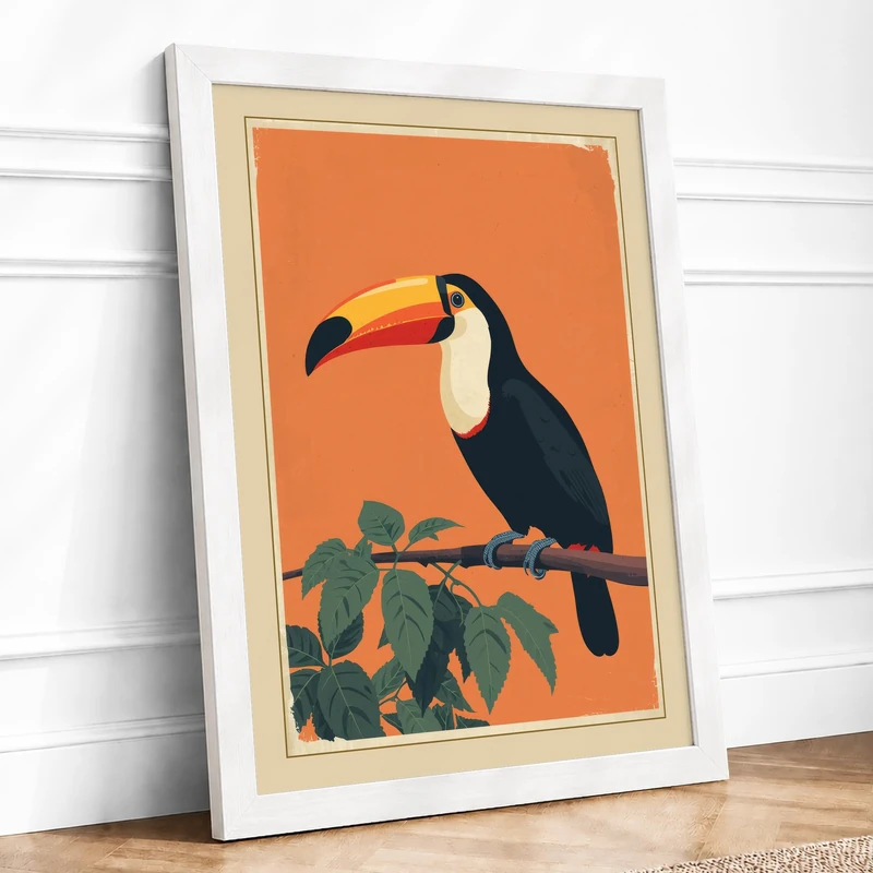Toucan on Branch Botanical Framed Wall Art Print A1 (84.1×59.4cm) White, Wall Decor for Living Room, Bedroom, Office & Home, Ready to Hang, Art Gift
