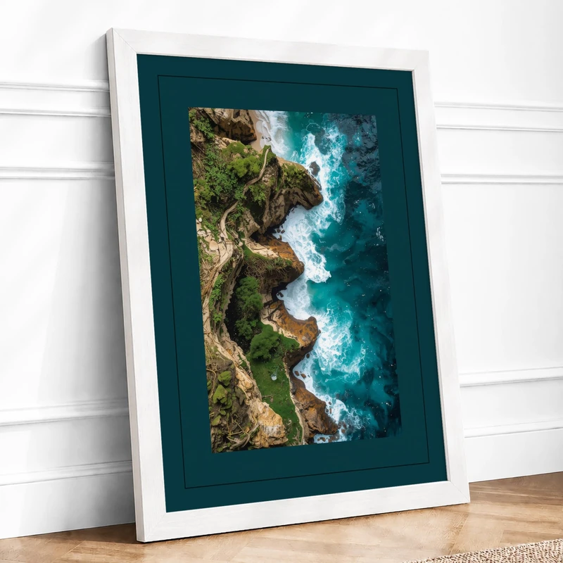 Cliffs From Above Coastal Framed Wall Art Print A1 (84.1×59.4cm) White, Wall Decor for Living Room, Bedroom, Office & Home, Ready to Hang, Art Gift - Image 1