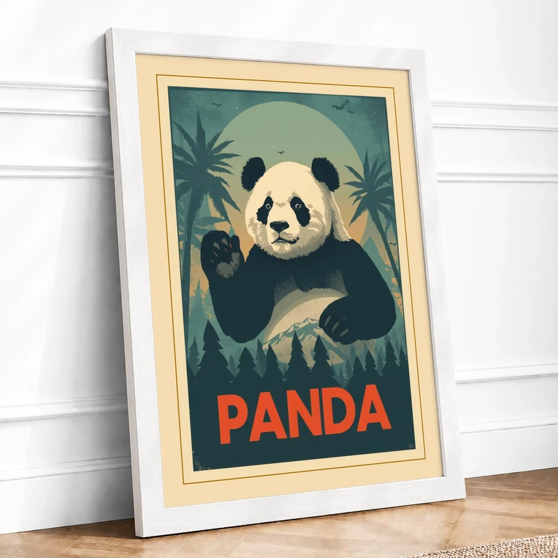 Panda in Palms Vintage Framed Wall Art Print A1 (84.1×59.4cm) White, Wall Decor for Living Room, Bedroom, Office & Home, Ready to Hang, Art Gift - Image 1