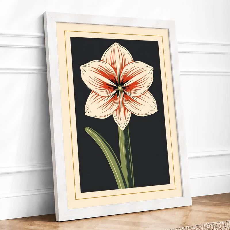 Amaryllis Bloom Botanical Framed Wall Art Print A1 (84.1×59.4cm) White, Wall Decor for Living Room, Bedroom, Office & Home, Ready to Hang, Art Gift