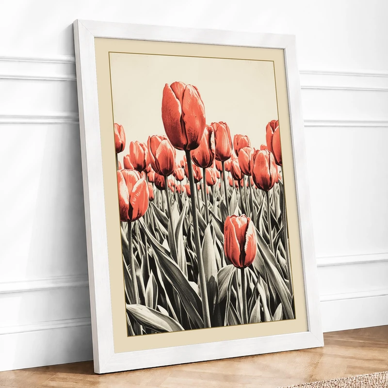 Red Tulips Rising Botanical Framed Wall Art Print A1 (84.1×59.4cm) White, Wall Decor for Living Room, Bedroom, Office & Home, Ready to Hang, Art Gift