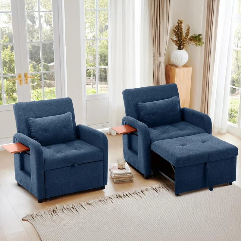 COLAMY Compact Recliner Armchair with USB Port & Side Table, Space Saving Sleeper Chair with Pull-Out Footrest, Adjustable Lounge Sofa Bed Chair for Small Living Room Bedroom Flat,Blue