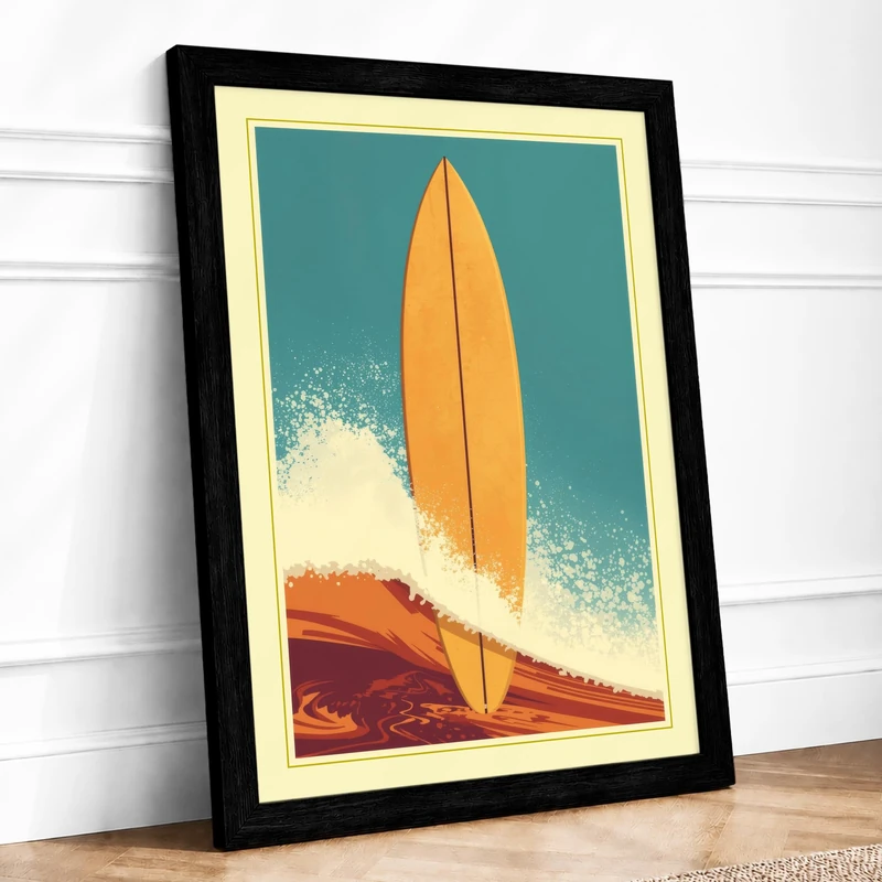 Surfboard and Wave Retro Framed Wall Art Print A1 (84.1×59.4cm) Black, Wall Decor for Living Room, Bedroom, Office & Home, Ready to Hang, Art Gift