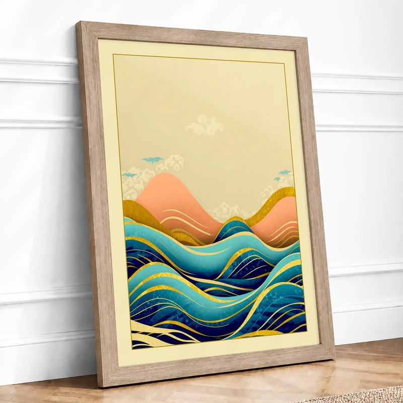 Rolling Waves in Harmony Modern Framed Wall Art Print A1 (84.1×59.4cm) Oak, Wall Decor for Living Room, Bedroom, Office & Home, Ready to Hang, Art Gift - Image 1