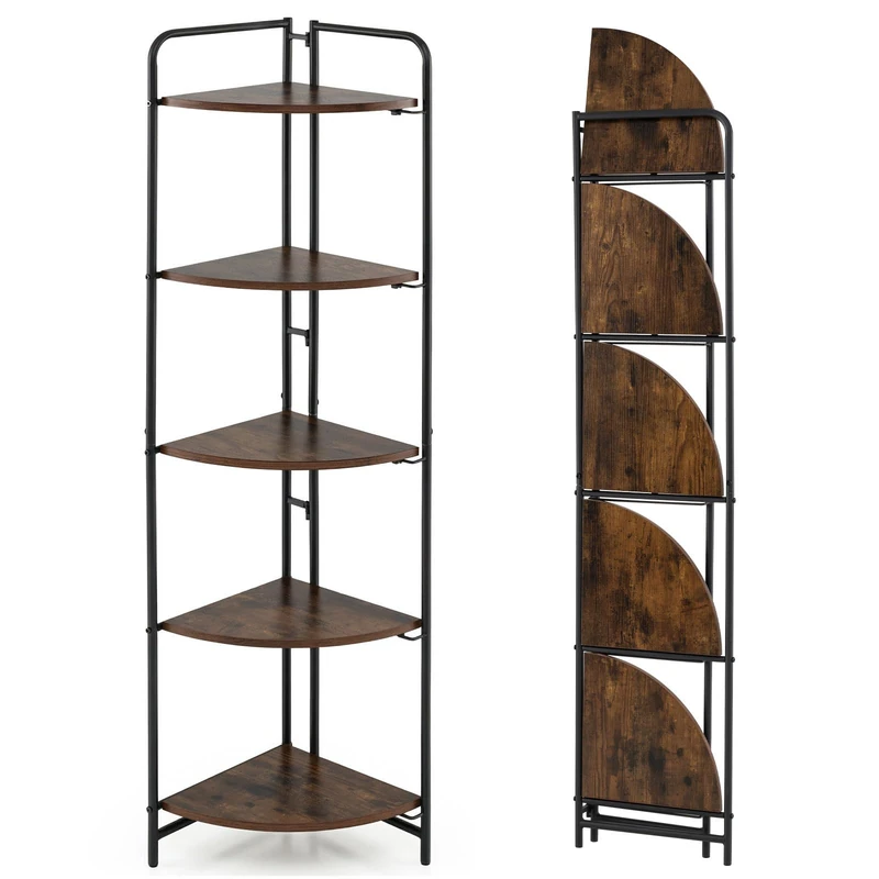 CASART Corner Shelf, 4/5/6-Tier Wooden Tall Bookshelf, Freestanding Storage Shelf Narrow Ladder Shelving Unit for Living Room Bedroom Office Hallway (Rustic Brown+Black, 5-Tier)