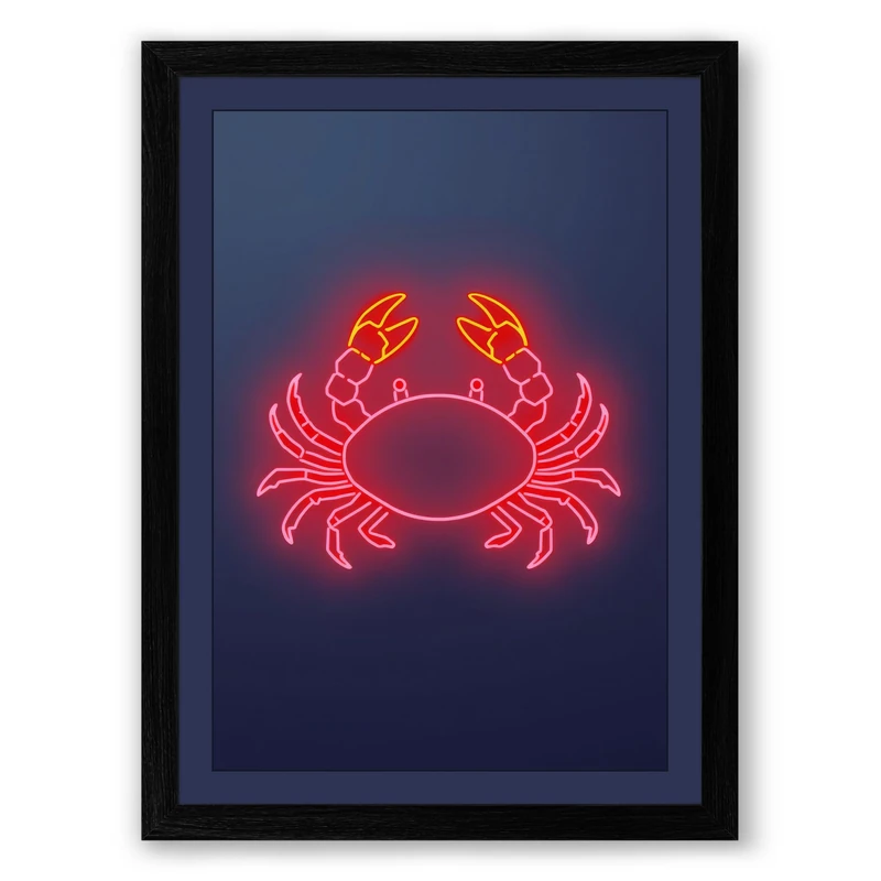 Neon Crab Modern Framed Wall Art Print A1 (84.1×59.4cm) Black, Wall Decor for Living Room, Bedroom, Office & Home, Ready to Hang, Art Gift