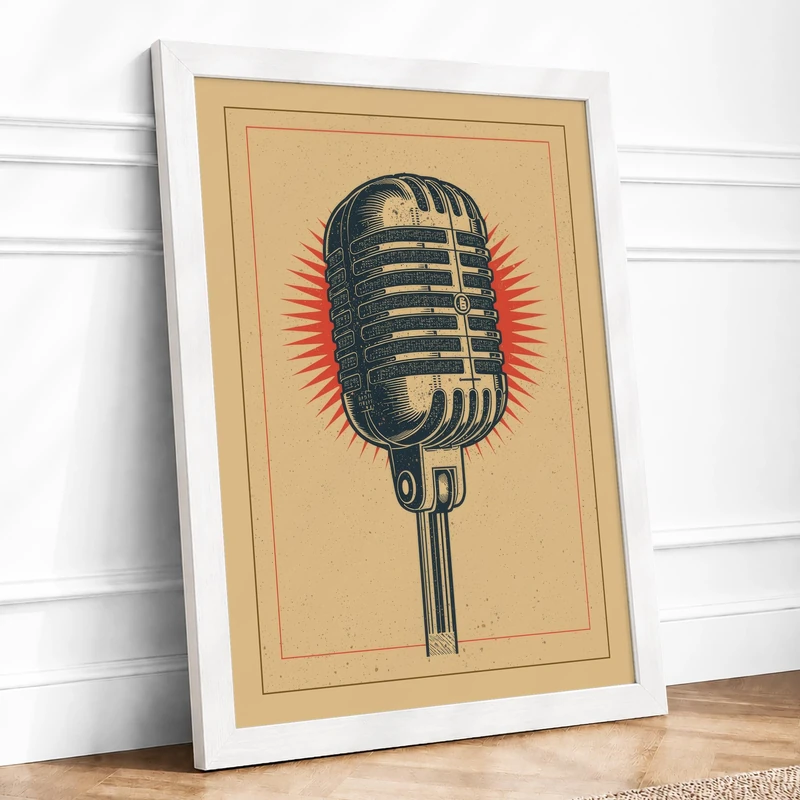 Vintage Microphone Burst Retro Framed Wall Art Print A1 (84.1×59.4cm) White, Wall Decor for Living Room, Bedroom, Office & Home, Ready to Hang, Art Gift - Image 1