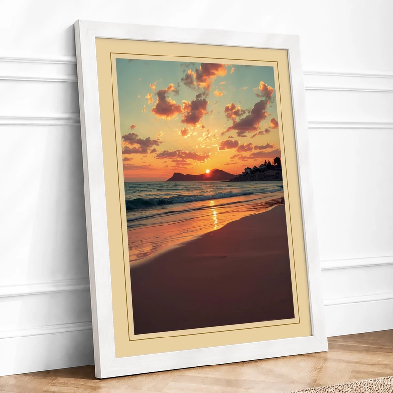 Sunset Over Gold Sand Coastal Framed Wall Art Print A1 (84.1×59.4cm) White, Wall Decor for Living Room, Bedroom, Office & Home, Ready to Hang, Art Gift