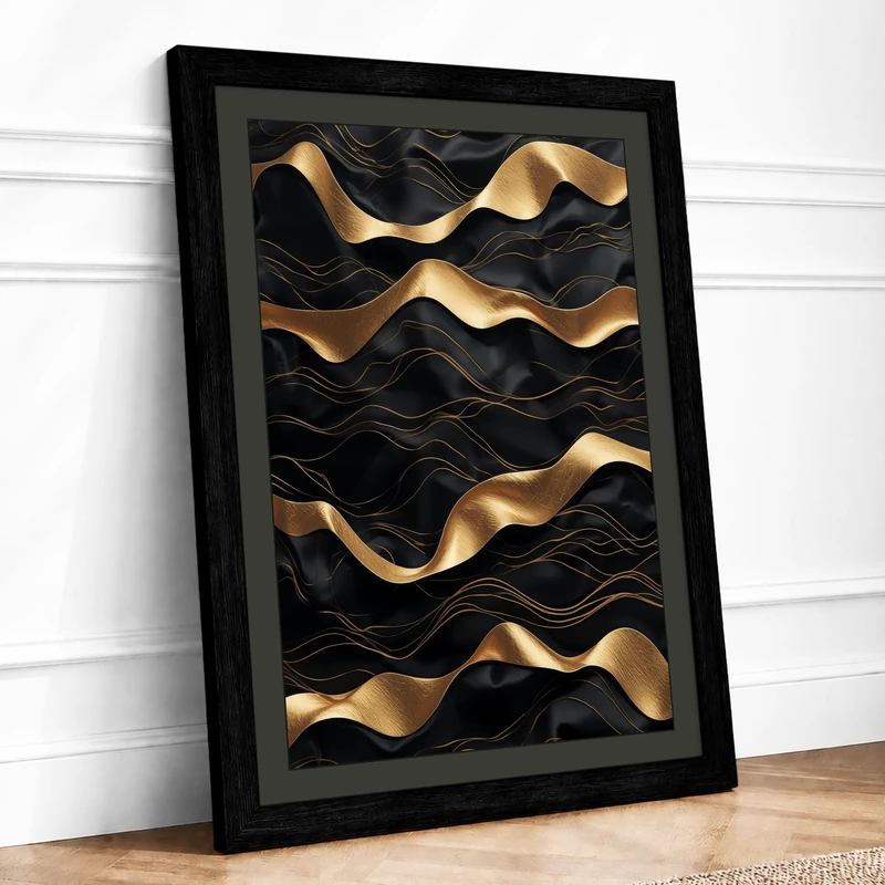 Golden Waves Modern Framed Wall Art Print A1 (84.1×59.4cm) Black, Wall Decor for Living Room, Bedroom, Office & Home, Ready to Hang, Art Gift