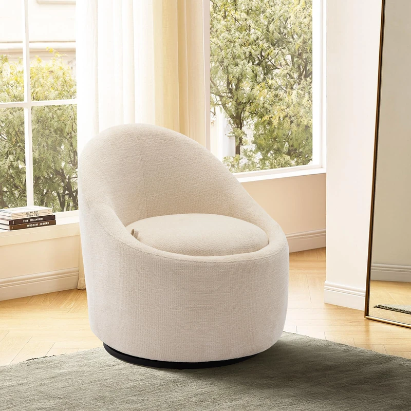 Barrel Swivel Accent Chair with Hidden Storage, 360° Rotating Lounge Chair, Upholstered Breathable Fabric, High Density Foam Seat, Modern Round Armchair for Living Room Bedroom, Beige