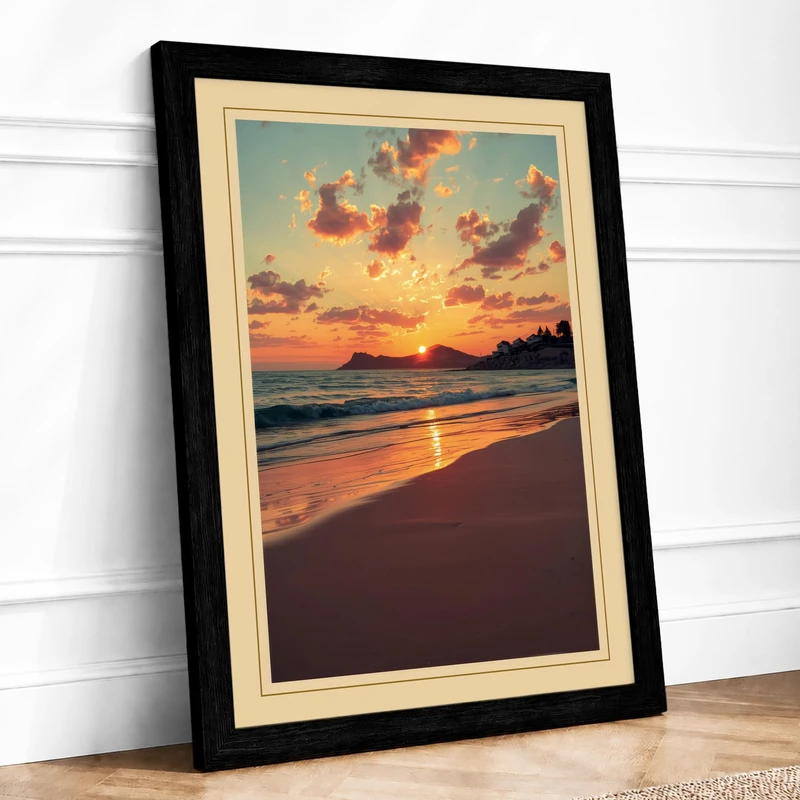 Sunset Over Gold Sand Coastal Framed Wall Art Print A1 (84.1×59.4cm) Black, Wall Decor for Living Room, Bedroom, Office & Home, Ready to Hang, Art Gift - Image 1