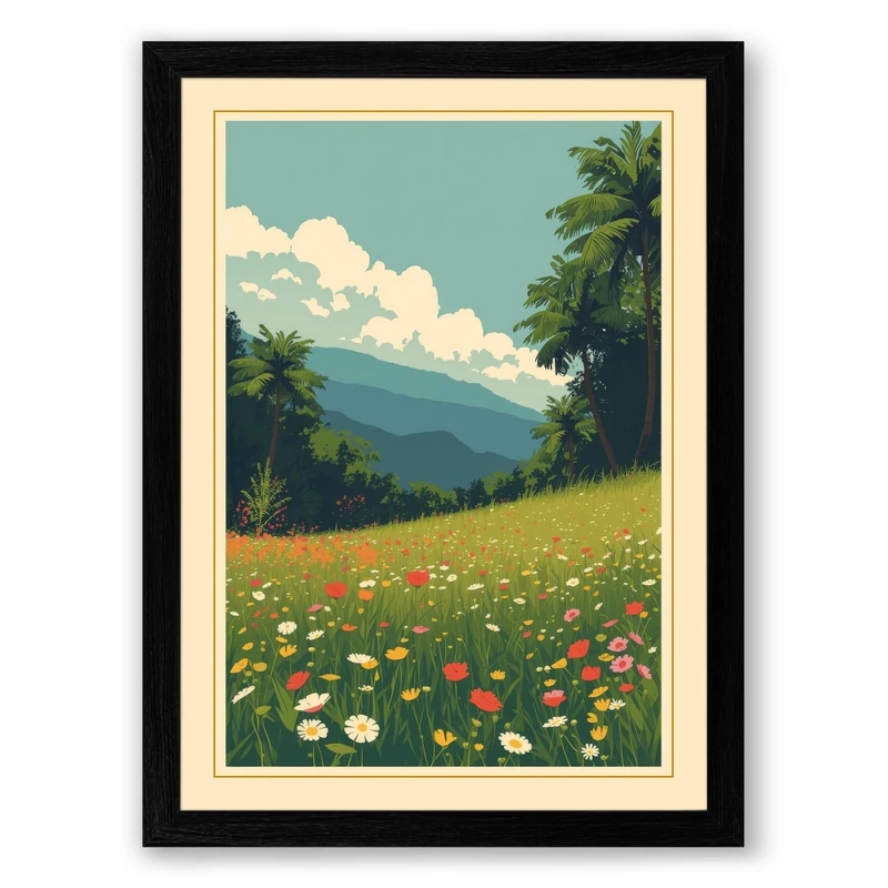 Wildflower Meadow Vintage Framed Wall Art Print A1 (84.1×59.4cm) Black, Wall Decor for Living Room, Bedroom, Office & Home, Ready to Hang, Art Gift