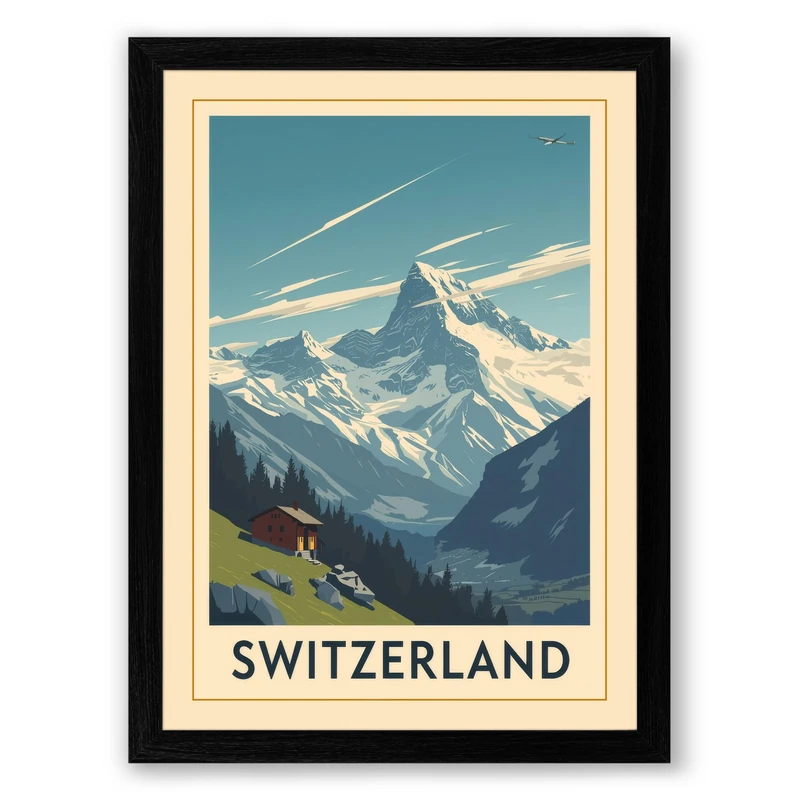 Postcard from Alpine Switzerland Vintage Framed Wall Art Print A1 (84.1×59.4cm) Black, Wall Decor for Living Room, Bedroom, Office & Home, Ready to Hang, Art Gift