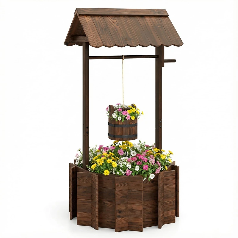 GiantexUK Wooden Wishing Well Planter, Garden Decoration Flower Pot