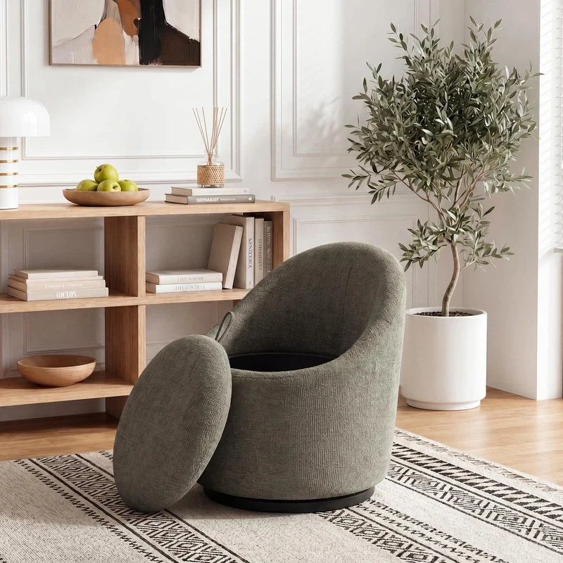 Barrel Swivel Accent Chair with Hidden Storage, 360° Rotating Lounge Chair, Upholstered Breathable Fabric, High Density Foam Seat, Modern Round Armchair for Living Room Bedroom,Green