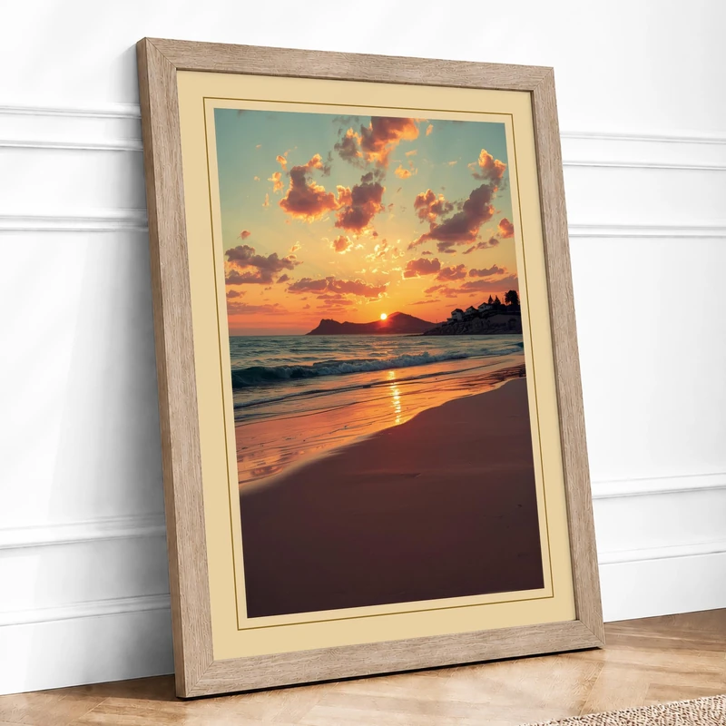 Sunset Over Gold Sand Coastal Framed Wall Art Print A1 (84.1×59.4cm) Oak, Wall Decor for Living Room, Bedroom, Office & Home, Ready to Hang, Art Gift - Image 1