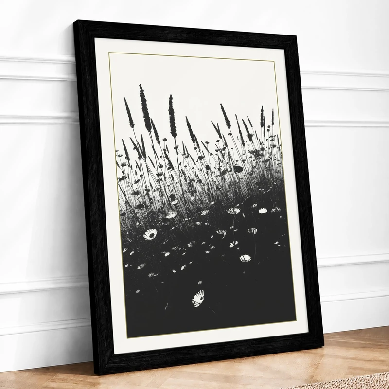 Wildflower Field Minimalist Framed Wall Art Print A1 (84.1×59.4cm) Black, Wall Decor for Living Room, Bedroom, Office & Home, Ready to Hang, Art Gift